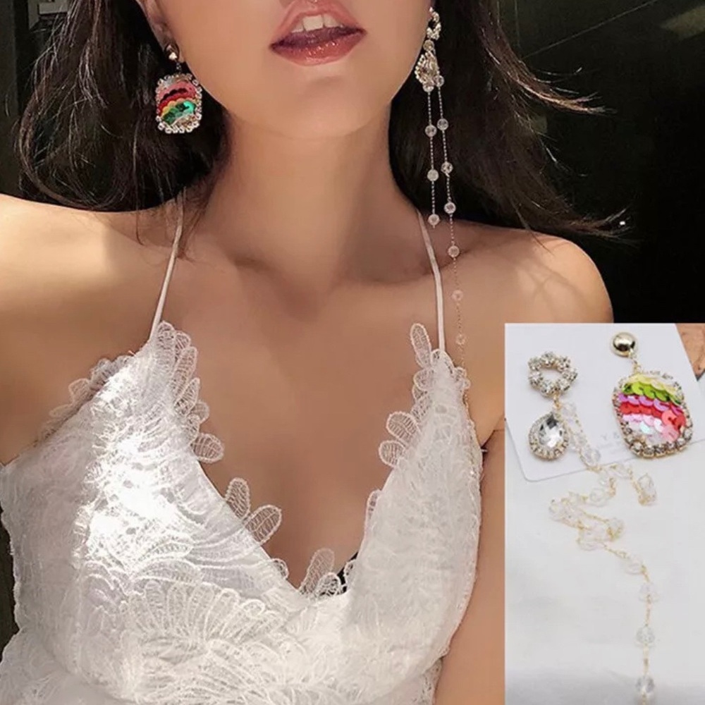 Sequin Rainbow Crystal Asymmetrical Drop Earrings